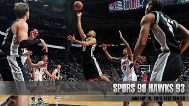 NBA圣安东尼奥马刺队对阵亚特兰大老鹰队比赛瞬间