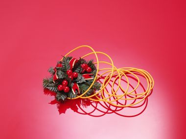 Creative Still Life Pinecone Yellow Cable Red Background
