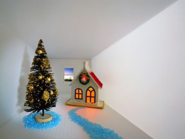 Christmas Miniature Scene Golden Tree Gingerbread House