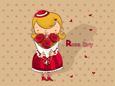 Cartoon Girl Holding Red Roses Rose Day