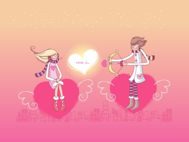 Pink Dreamy Illustration Cupid And Girl Flying On Hearts