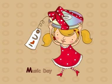 卡通女孩头顶CD光盘庆祝音乐日