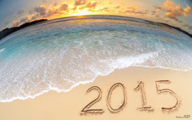 鱼眼镜头下的海滩夕阳与沙滩数字2015