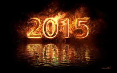 2015新年庆祝金色数字烟花水面倒影