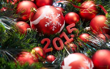 2015新年庆祝：红色圣诞球与松针特写