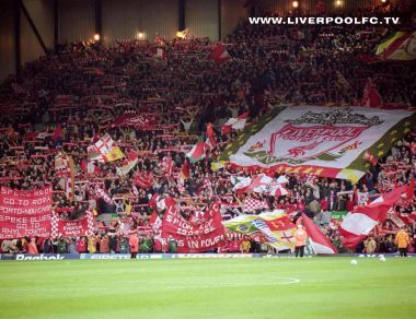 Liverpool Anfield Stadium Kop Stand Fans Cheering Scene