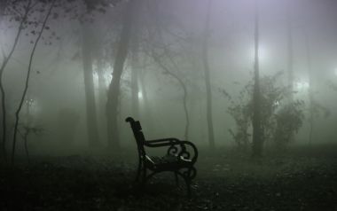 迷雾笼罩的公园长椅夜景