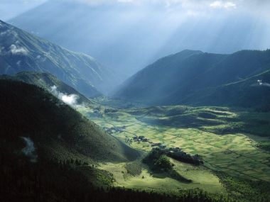 Tibet Agricultural Fields And Village Mountain Valley Scenery