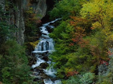 中国秋日峡谷山涧瀑布彩林自然风光