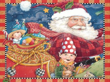 Santa Claus And Elf Gift Distribution Illustration