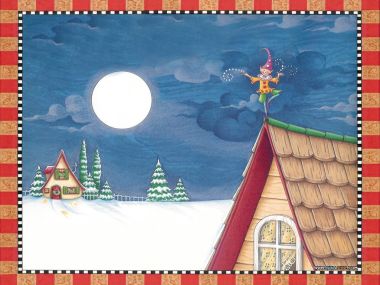 圣诞雪夜精灵屋顶施法插画