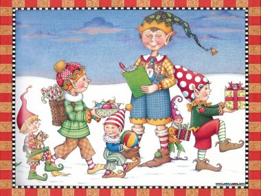 Vintage Illustration Christmas Elves Winter Gifts