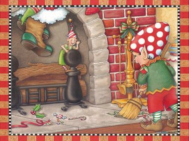 Christmas Elves Fireplace Sweeping Watercolor