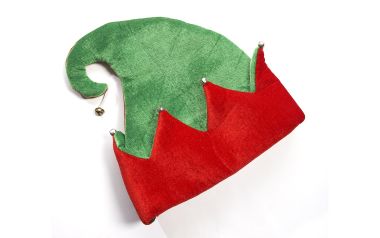 Red And Green Velvet Elf Hat On White Background