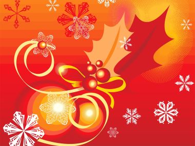 红金渐变背景上的抽象雪花与冬青浆果圣诞装饰插画