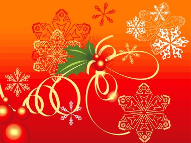 红橙渐变背景上的金色丝带与冬青浆果雪花矢量插画