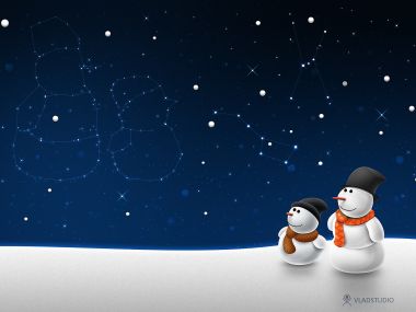 卡通雪人仰望星空与星座插画