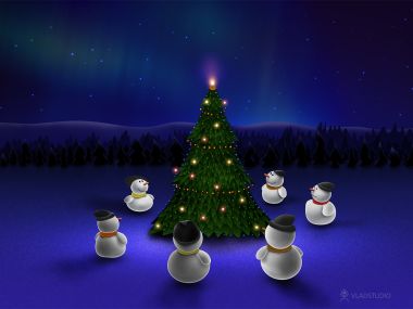 Aurora Under Christmas Tree Snowmen Illustration