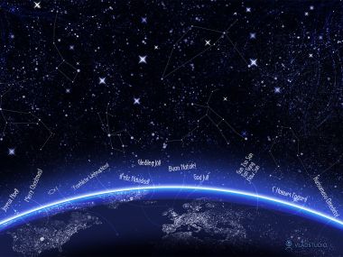 地球弧线上的多语言圣诞祝福与璀璨星空星座图