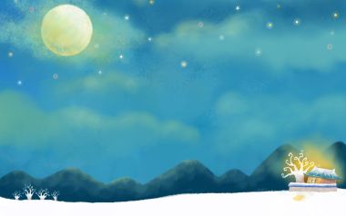 唯美水彩插画：静谧冬夜雪山下的温馨小屋与明月