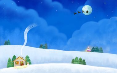 梦幻圣诞夜插画：圣诞老人驯鹿雪橇飞过雪中小屋
