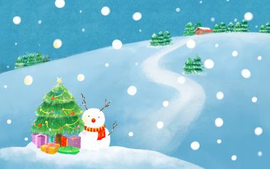 水彩风格冬日雪景插画：戴围巾的雪人、圣诞树与蜿蜒小路