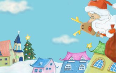 Cartoon Santa Claus And Reindeer Over Winter Village