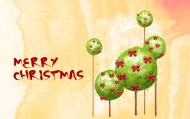 水彩风格圣诞树棒棒糖与Merry Christmas节日祝福插画