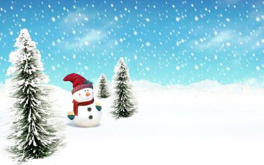 卡通风格雪人与松树冬季雪景插画
