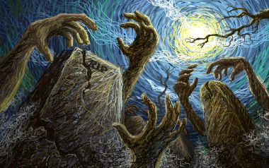 梵高《星月夜》风格万圣节僵尸墓地插画