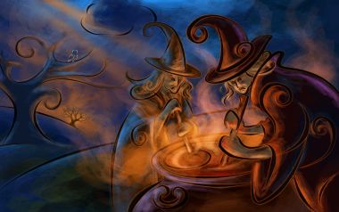 奇幻插画：暗夜中女巫搅拌魔法药水