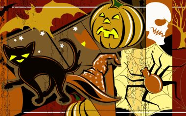 Vintage Vector Halloween Illustration Black Cat Pumpkin Spider