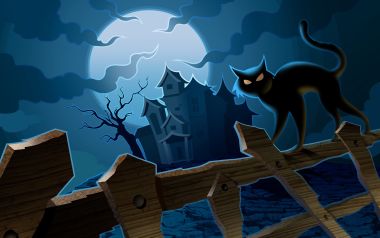 Halloween Black Cat Spooky Haunted House Moonlight