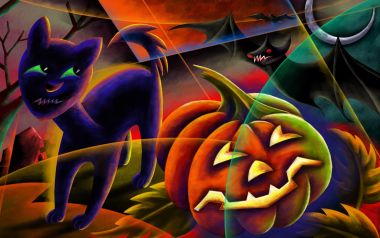 Halloween Digital Art Black Cat And Pumpkin