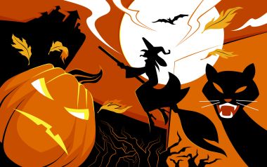 Halloween Witch Flying Over Full Moon Vector Art