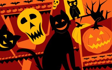 Halloween Vector Illustration Black Cat And Pumpkin