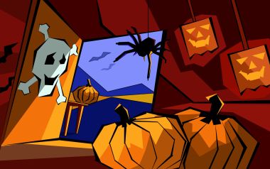 Halloween Vector Illustration Skull Spider Pumpkins
