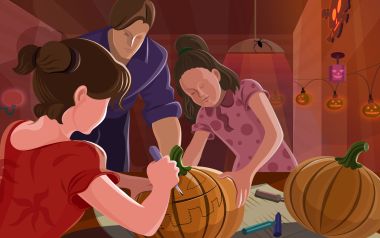 温馨家庭万圣节雕刻南瓜插画