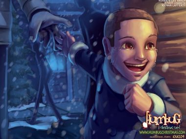 圣诞颂歌插画：小蒂姆在雪夜中的纯真笑容