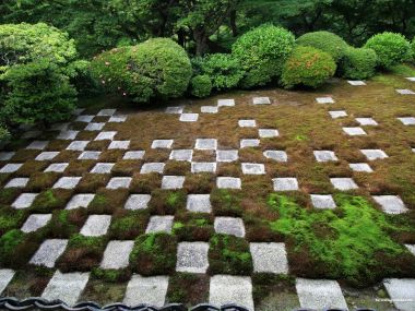 日本日式禅意园林棋盘格苔藓石板庭院景观