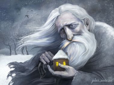 Fantasy Illustration Old Man Holding Miniature House In Snow