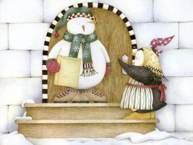 温馨手绘插画：雪人志愿者与企鹅在姜饼屋前