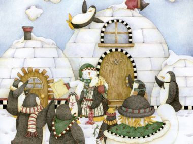 企鹅与雪人冬季节日聚会插画