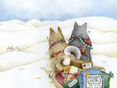 温馨冬季雪景中的圣诞小狗