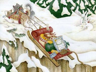 Debbie Mumm插画：冬日雪景中的猫咪拉雪橇运送圣诞礼物