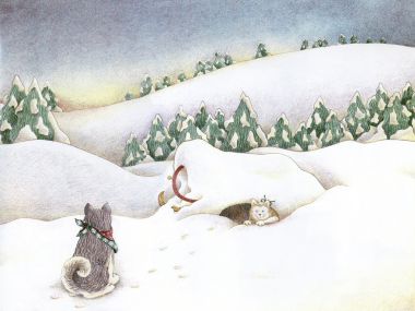 德比·穆姆插画《冬日归家》：雪地里的小猫与小狗