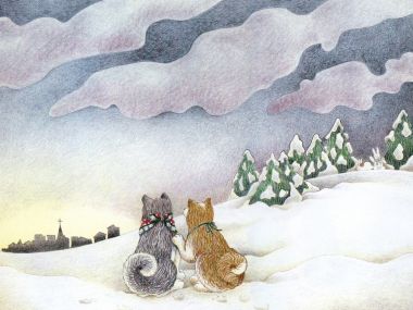 Debbie Mumm插画：两只戴圣诞围巾的狗狗在雪地眺望城市