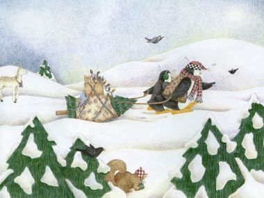 Debbie Mumm插画：企鹅拉着满载圣诞树的雪橇穿越冬日雪原