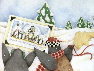 Debbie Mumm插画：企鹅与爱斯基摩犬在雪夜共赏温馨圣诞贺卡