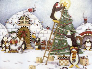 企鹅与雪人装饰圣诞树插画